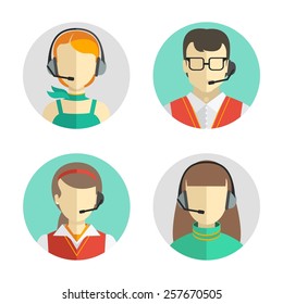 Vector icons set  Male and female call center avatars in a flat style with a headset, conceptual of communication.  