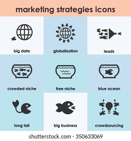 Vector icons set / marketing strategies trends /  illustrated with fishes /  big data / blue ocean / lead generation / big business 