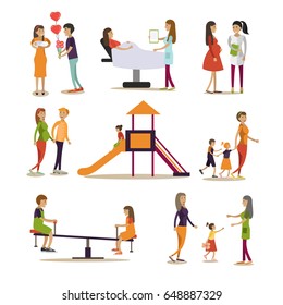 Vector icons set of maternity hospital and kindergarten cartoon characters isolated on white background. Flat style design elements.