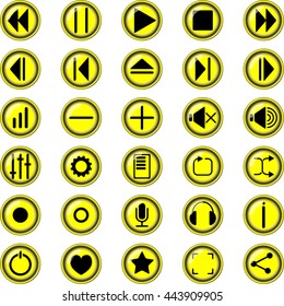 Vector icons set for media player in yellow color. Buttons for the music player.  EPS 10. Vector illustration.