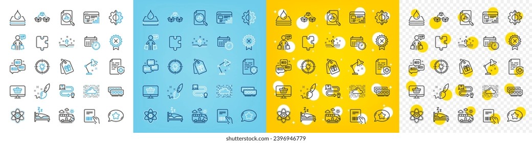 Vektorsymbole Set von Medical Certificate, Parcel Rechnung und Analytics Graph Linie Icons Pack für Web mit Reject Medal, Chemistry Atom, Lieferung Service Umriss Icon. Puzzle, Cloud-System. Vektorgrafik