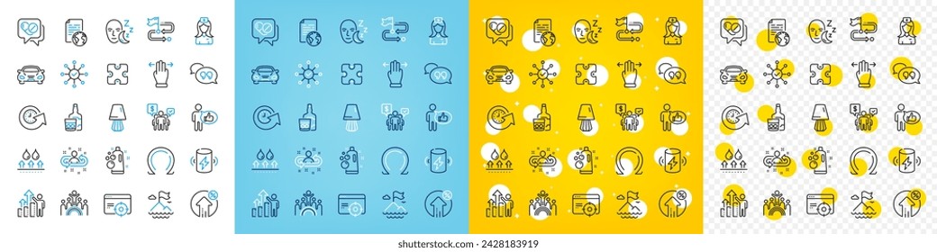 Vector icons set of Medical drugs, Sleep and Loan percent line icons pack for web with Seo targeting, Hospital nurse, Clean bubbles outline icon. Multitasking gesture, Table lamp. Vector