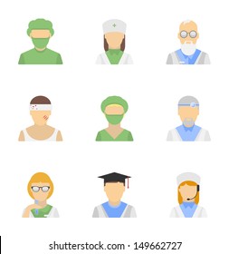 Vector icons set of medical employees characters in modern flat design style. Isolated on white background.