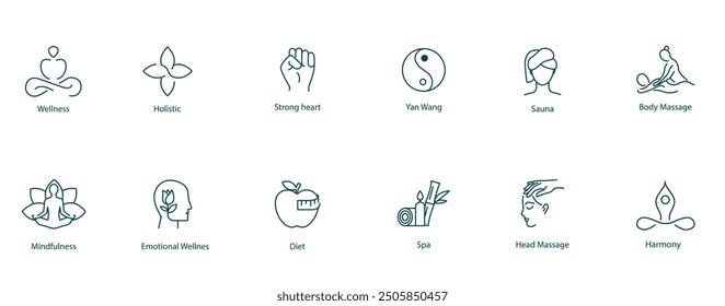 Vector Icons Set: Meditation, Holistic, Strong Heart, Yang Wand, Sauna, Body Massage, Mindfulness, Emotional Well-being, Diet, Spa, Head Massage