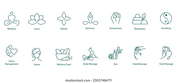 Vector Icons Set: Meditation, Lotus, Holistic, Harmony, Strong Heart, Relax Stone, Stress Management, Sauna, Wellness Food, Body Massage, Spa, Head Massage, Foot Massage