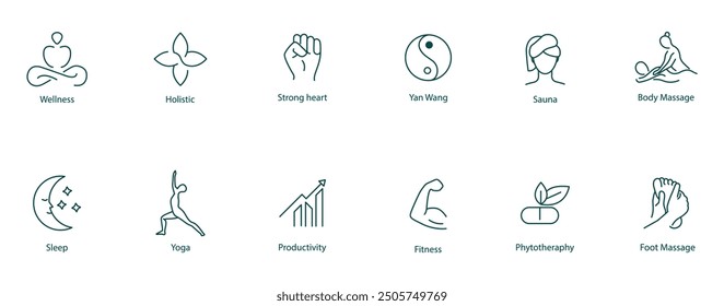 Conjunto de iconos vectoriales: Meditación, atención plena, holístico, corazón fuerte, varita Yang, sauna, masaje corporal, sueño, yoga, productividad, fitness, masaje de pies