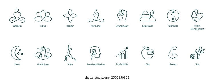 Vector Icons Set: Meditation, Mindfulness, Lotus, Holistic, Strong Heart, Spa, Relaxed Tone, Yang Wand, Stress Management, Sleep, Wellness, Yoga, Emotional Well-being, Productivity, Diet, Fitness