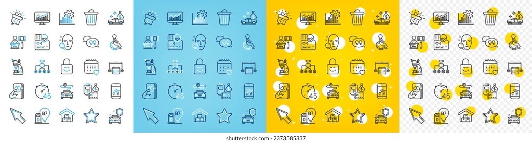 Vector icons set of Microscope, Restructuring and Cash transit line icons pack for web with Calendar, Face search, Smile outline icon. Seo graph, Diesel station, Healthcare calendar pictogram. Vector