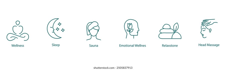 Vector Icons Set: Mindfulness, Meditation, Sleep, Sauna, Emotional Well-being, Relax Stone, Head Massage