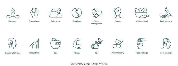 Vector Icons Set: Mindfulness, Strong Heart, Meditation, Relaxation, Stress Management, Sauna, Wellness Food, Body Massage, Mental Wellbeing, Emotional Wellbeing, Productivity, Diet, Fitness, Spa