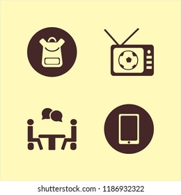 Vector icons set mobile phone, school book bag, football tv match and talking people