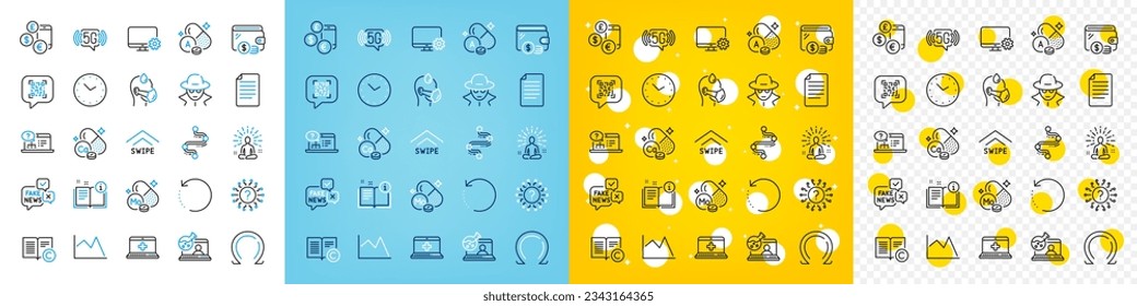 Vector icons set of Molybdenum mineral, Copyright and Fraud line icons pack for web with 5g wifi, Medical help, Omega outline icon. File, Manual, Currency rate pictogram. Line chart. Vector