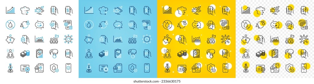 Vector icons set of Money app, Financial app and Savings line icons pack for web with Waterproof, Infographic graph, Manager outline icon. Yoga, Settings blueprint, No waterproof pictogram. Vector
