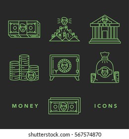 Vector icons set of money and finance attributes such as banknotes, coins, strongbox and bank on white background with lettering. Money and financial institutions topic.