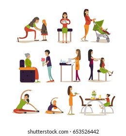 Vector icons set of mother cartoon characters isolated on white background. Pregnant women, young mothers with kids and elderly mother with adult son flat style design elements.