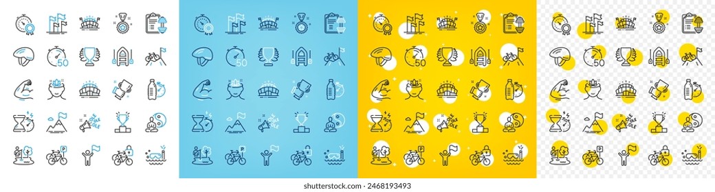 Vector icons set of Mountain bike, Winner cup and Winner line icons pack for web with Sports arena, Yoga mind, Fitness water outline icon. Leadership, Flags, Bicycle parking pictogram. Vector