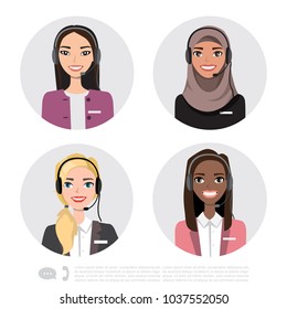 Vector icons set multiracial female call center avatars in a cartoon style with a headset, conceptual of communication