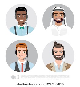 Vector icons set multiracial male call center avatars in a cartoon style with a headset, conceptual of communication