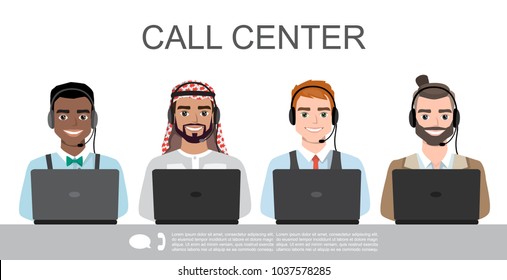 Vector icons set multiracial male call center avatars in a cartoon style with a headset, conceptual of communication