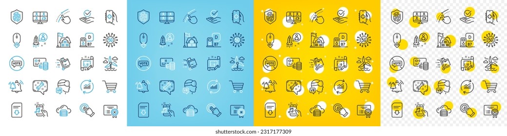 Vector icons set of Music phone, Touchscreen gesture and Inventory cart line icons pack for web with Cloud server, Market sale, Fingerprint outline icon. Bell, Card, Video conference pictogram. Vector