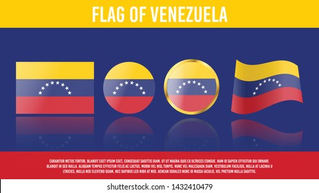 Vector Icons Set of the National flag of Venezuela in different designs on a blue background. Rectangular, waving, round and round with golden frame with reflection. Graphic Elements and Example text