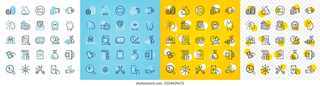 Vector icons set of Networking, Currency exchange and Bribe line icons pack for web with No card, Cash back, Auction hammer outline icon. Finance, Cut tax, Currency audit pictogram. Vector