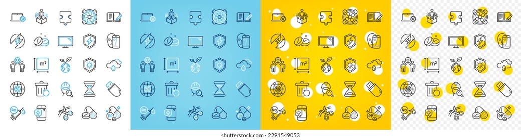 Conjunto de iconos vectoriales de Niacin, trabajo en equipo de Empleados e iconos de la línea de tableta médica empacan para web con biométrica facial, energía eléctrica, icono del contorno de la vacuna Coronavirus. Basura de recuperación. Vector