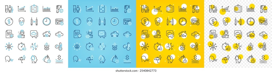 Ícones vetoriais conjunto de enfermeiro, regra e resiliência linha ícones pacote para web com Coronavírus vacina, estresse, ícone de contorno máscara médica. Gestão do tempo, Previsão do tempo, Pictograma de energia. Vetor