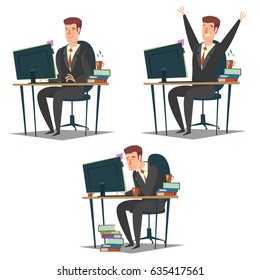 Vector icons set of office men sitting at office desk and working on computer isolated on white background. Happy, smiling and tired white collar workers.