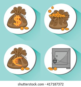 Vector icons set on business and Finance, Interactive shadow. dollar, Euro, purse, pouch, box, outdoor, indoor, lock, chain