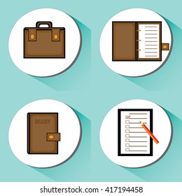 Vector icons set on business and Finance, Interactive shadow. bloknot; daily newspaper; Desk; briefcase; case; sabln; test