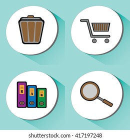 Vector icons set on business and Finance, Interactive shadow.trash, basket, cart, remove, archive, collect, search,