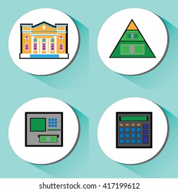 Vector icons set on business and Finance, Interactive shadow.house, building, pyramid, calculator, machine, cash