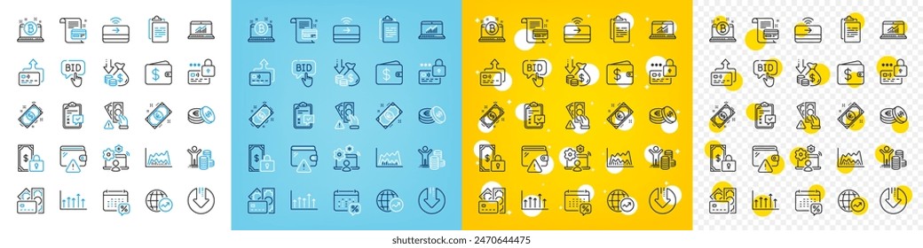 Conjunto de iconos de vectores de trabajo en línea, pago sin contacto y paquete de iconos de línea de lista de comprobación para el Web con Bitcoin, impuesto del calendario, icono de esquema de pago. Soborno, beneficio económico, pictograma de la tarjeta. Vector