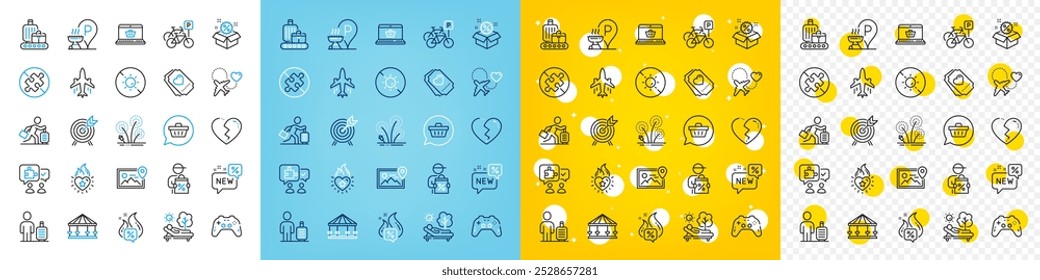 Vector icons set of Online shopping, Love ticket and New line icons pack for web with Sale, Plane, Fireworks outline icon. No sun, Broken heart, Heart flame pictogram. Baggage belt. Vector