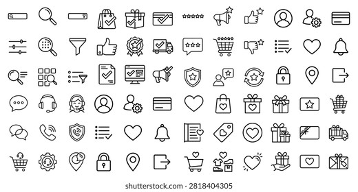 Vector icons set for online shopping and e commerce with shopping cart magnifying glass price tag