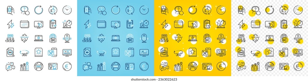Juego de iconos vectores de vídeo en línea, documentos de Internet e iconos de línea de estrategia Seo para web con estilo Refrescar, Pantalla táctil, Icono de contorno de temporizador. Noticias falsas, botón Preguntas. Vector