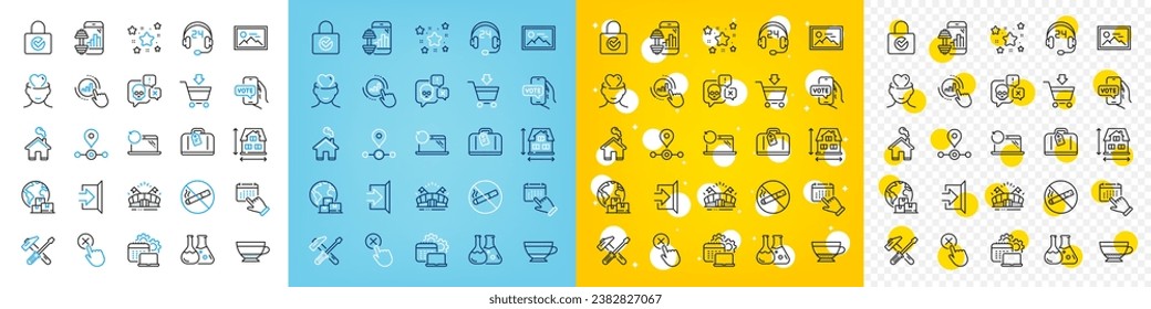 Vektorsymbole Set von Online-Abstimmung, Exit und House Dimension Linie Icons Pack für Web mit internationaler Lieferung, Chemie-Labor, Software-Umrisssymbol. Home, Event-Click, Hammer-Tool Piktogramm. Vektorgrafik