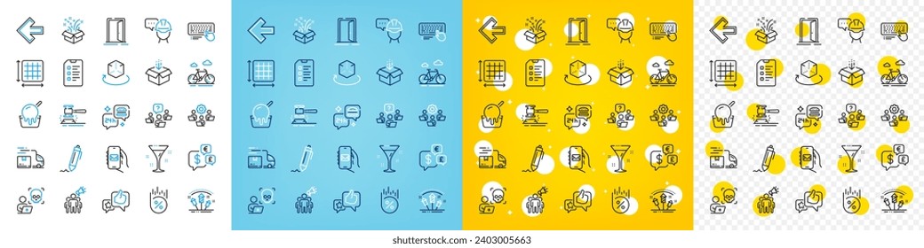 Vector icons set of Open door, Cocktail and Brand ambassador line icons pack for web with Auction hammer, Gift, Computer keyboard outline icon. Get box, Teamwork, Left arrow pictogram. Vector