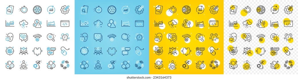 Vector icons set of Organic tested, Deflation and Cable section line icons pack for web with Update data, Financial diagram, Face attention outline icon. Skin condition, Settings gear. Vector