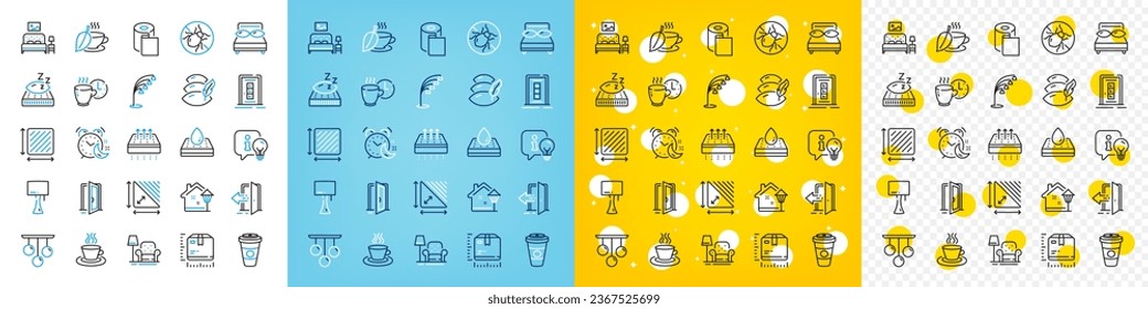 Vector icons set of Package size, Open door and Pillows line icons pack for web with Bed bugs, Triangle area, Mattress outline icon. Alarm, Square area, Floor lamp pictogram. Table lamp. Vector
