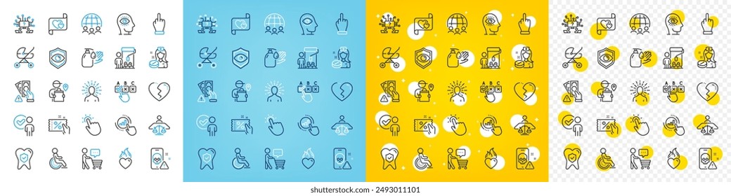 Conjunto de iconos vectoriales de pintor, Cupón de descuento y lavar las manos línea iconos paquete para el Web con ojo de meditación, corazón roto, icono de contorno de dedo medio. Pregunta de trabajo en equipo, cochecito de bebé. Vector