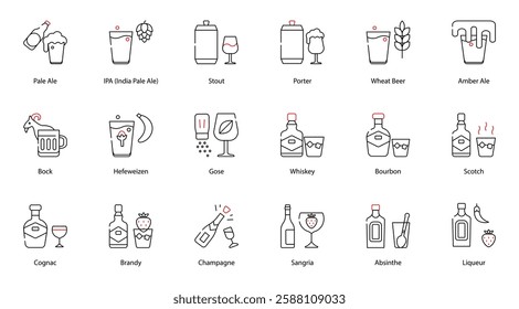 Vector Icons Set - Pale Ale, IPA (India Pale Ale), Stout, Porter, Wheat Beer, Amber Ale, Cognac, Brandy, Champagne, Sangria, Absinthe, Liqueur