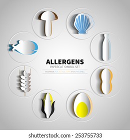 Vector icons set for papercut allergens products (milk, fish, egg,  wheat, nut, lactose, corn, mushroom, shell)