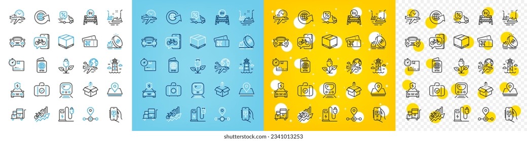 Vector icons set of Parking app, Passport and Send box line icons pack for web with Inventory cart, Lighthouse, Metro outline icon. Eu close borders, Charging station, Station pictogram. Vector