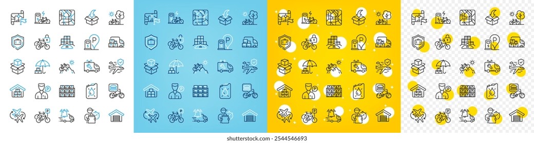 Ícones vetoriais conjunto de Estacionamento garagem, Canister e caixas de embalagem ícones de linha pacote para web com bicicleta, entregador, ícone de contorno de entrega de alimentos. Prateleira de caixas, proteção de bagagem. Vetor