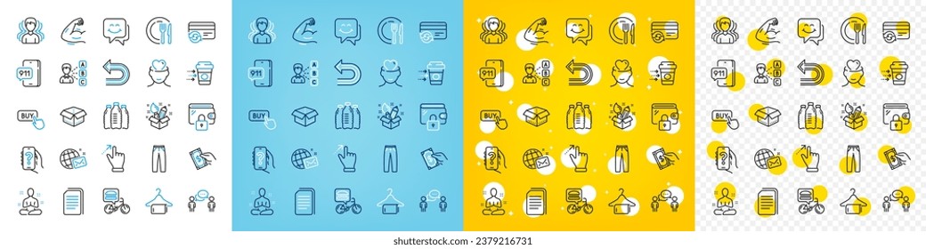 Vector icons set of Pay money, Coffee delivery and World mail line icons pack for web with Creativity, Copy files, Yoga outline icon. Undo, Food delivery, Group pictogram. Vector