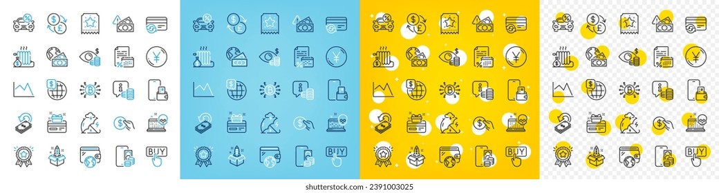 Vector icons set of Payment, Yen money and Loyalty card line icons pack for web with Line chart, Phone wallet, Radiator outline icon. Phone pay, Loyalty award, Fraud pictogram. Vector