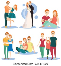 Vector icons set of people in love isolated on white background. Happy loving couples, families with kids, bride and groom flat style design elements.