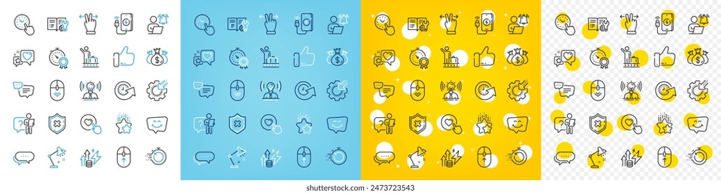 Conjunto de iconos vectoriales de carga del teléfono, gesto de pantalla táctil y paquete de iconos de línea Like para el Web con el empleado de la Búsqueda, engranaje Seo, icono de contorno de inversión Check. Rechazar la protección, como el Botón. Vector